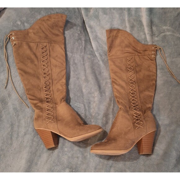 Journee Tan Over-The-Knee Heeled Boots Women 10 Suede Wide Calf - Picture 1 of 7